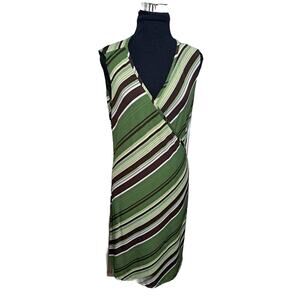 Perseption Wrap Dress Brown Green White Horizontal Stripe Maxi Length Womens XL